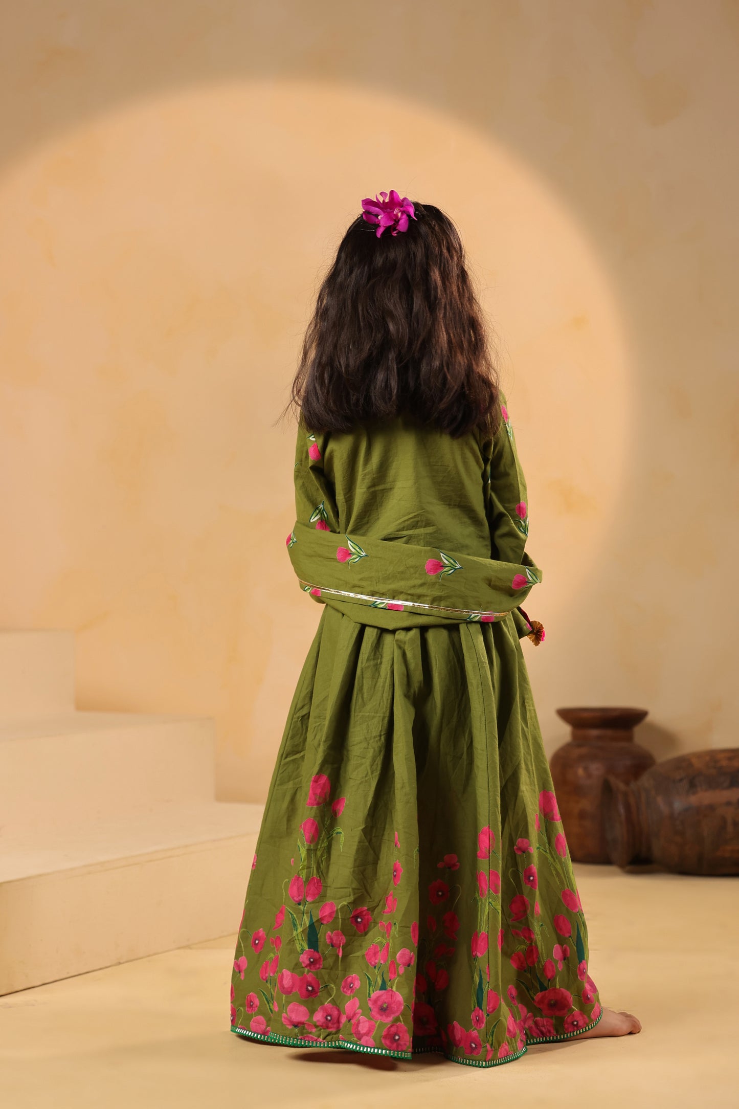Girl Gulabo Floral Embroidered Skirt Top Set - Mehandi Green