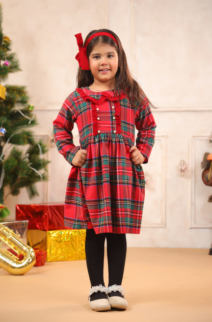 Girl Vintage Red Checks Frock -Red