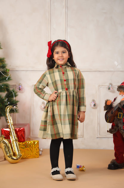 Girl Vintage Green & Red Checks Frock - Green