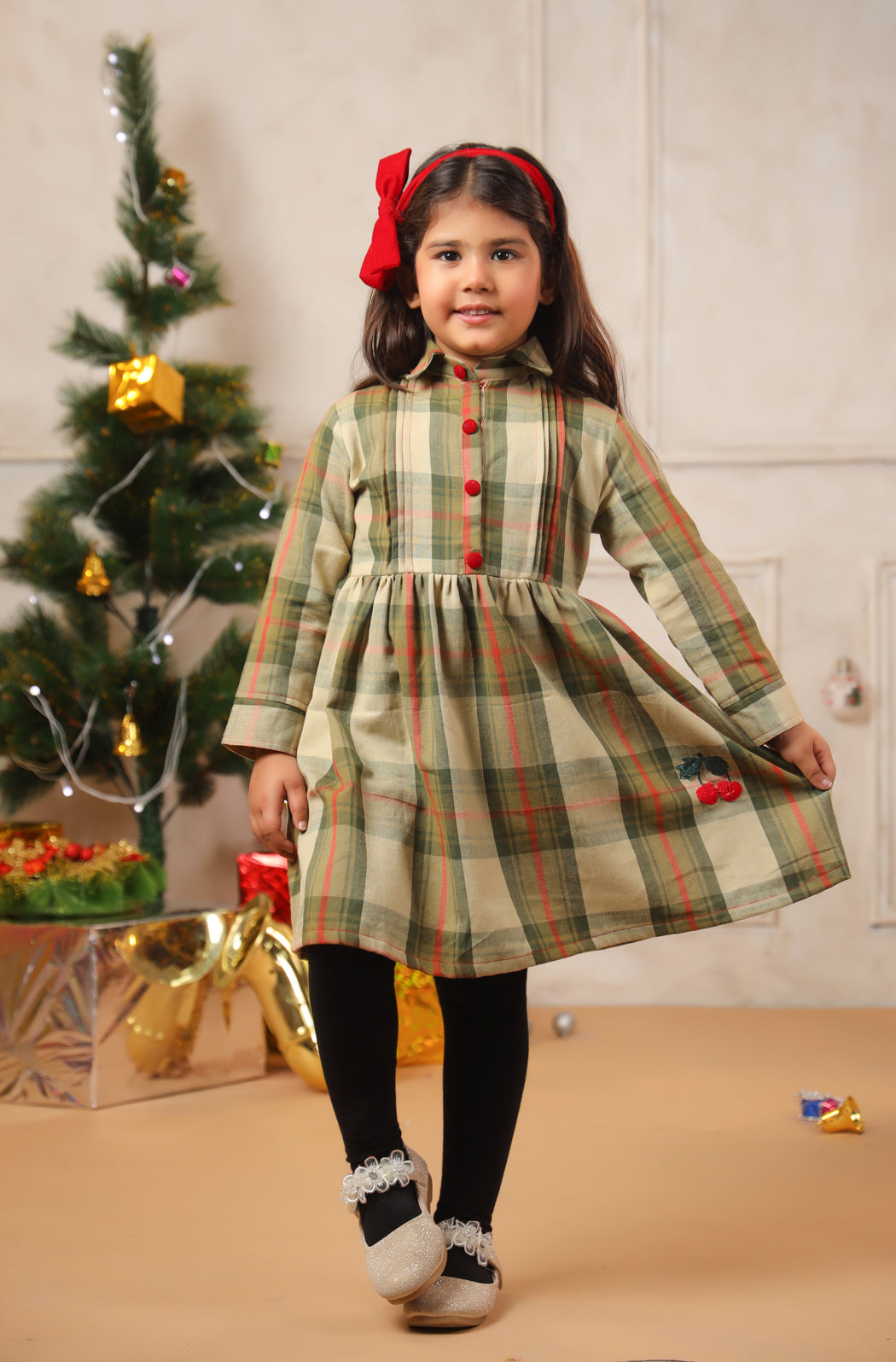 Girl Vintage Green & Red Checks Frock - Green