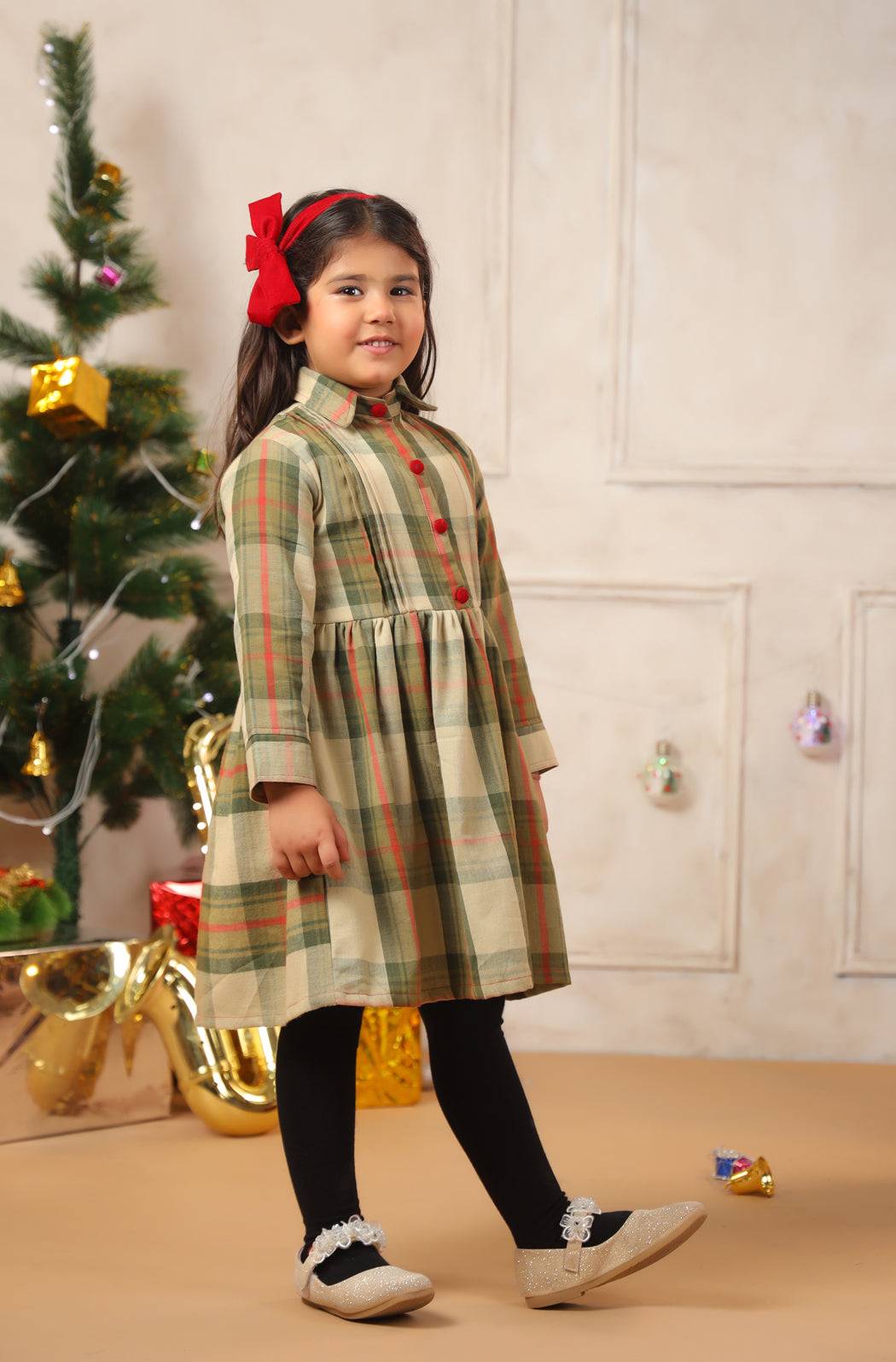 Girl Vintage Green & Red Checks Frock - Green