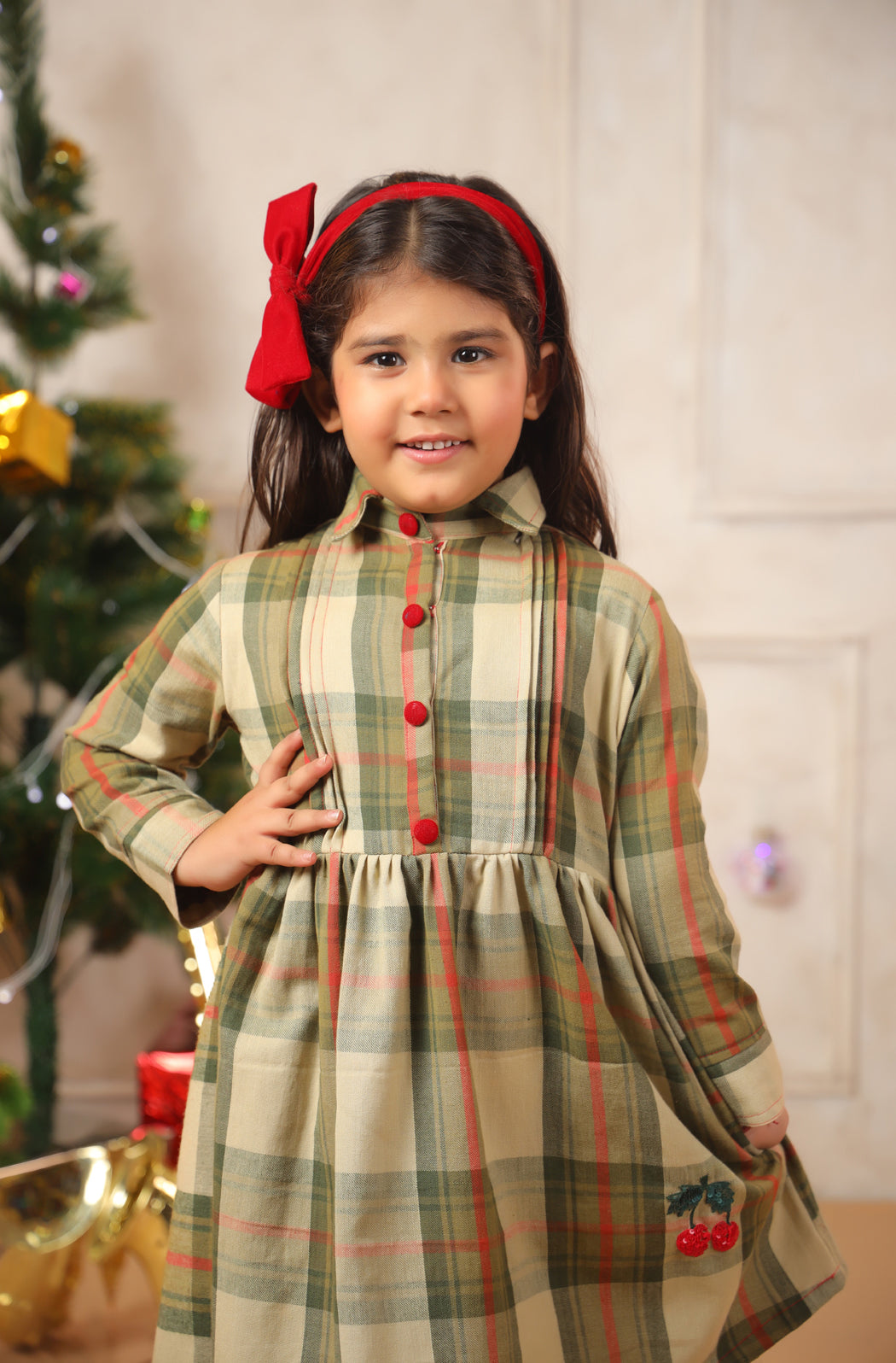 Girl Vintage Green & Red Checks Frock - Green