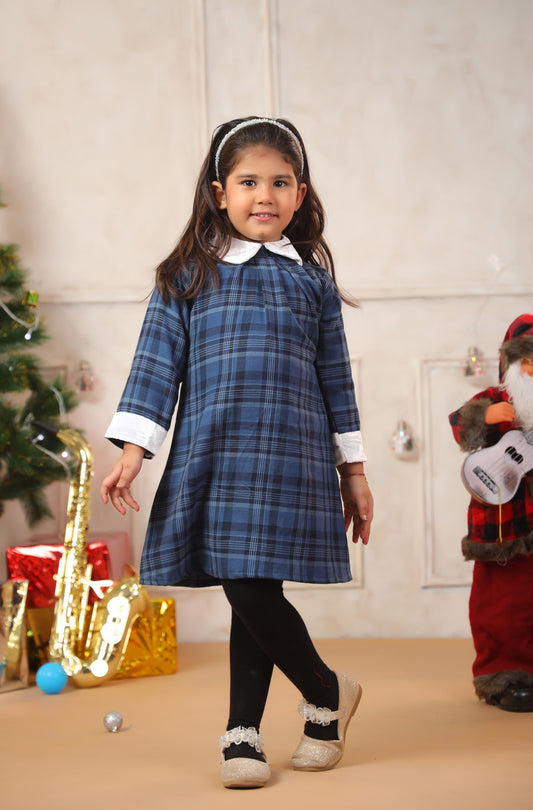 Girl Vintage Blue Checks Frock - Blue