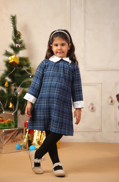 Girl Vintage Blue Checks Frock - Blue