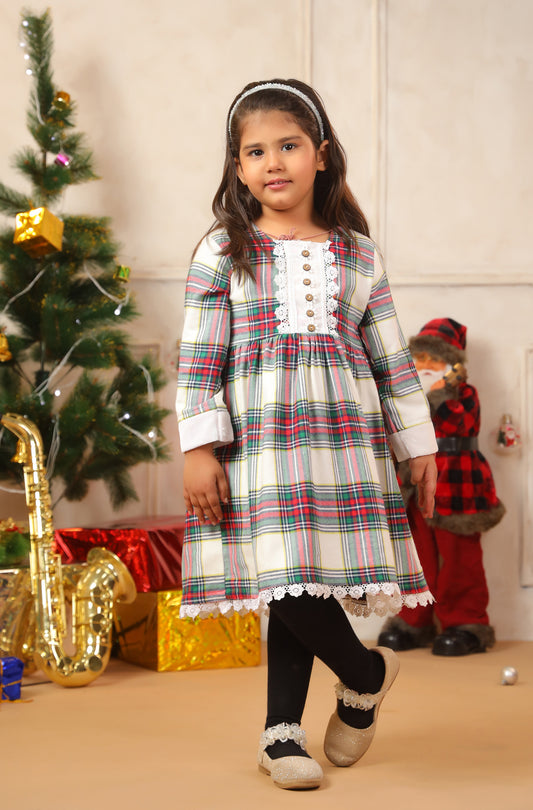 Girl White Red Checks Frock - White