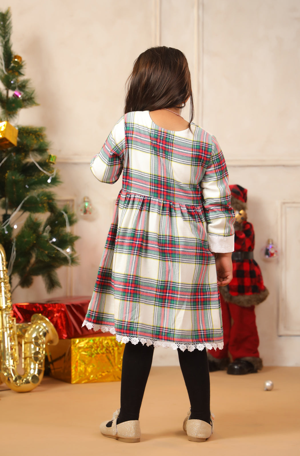 Girl White Red Checks Frock - White