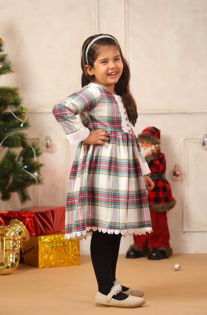 Girl White Red Checks Frock - White