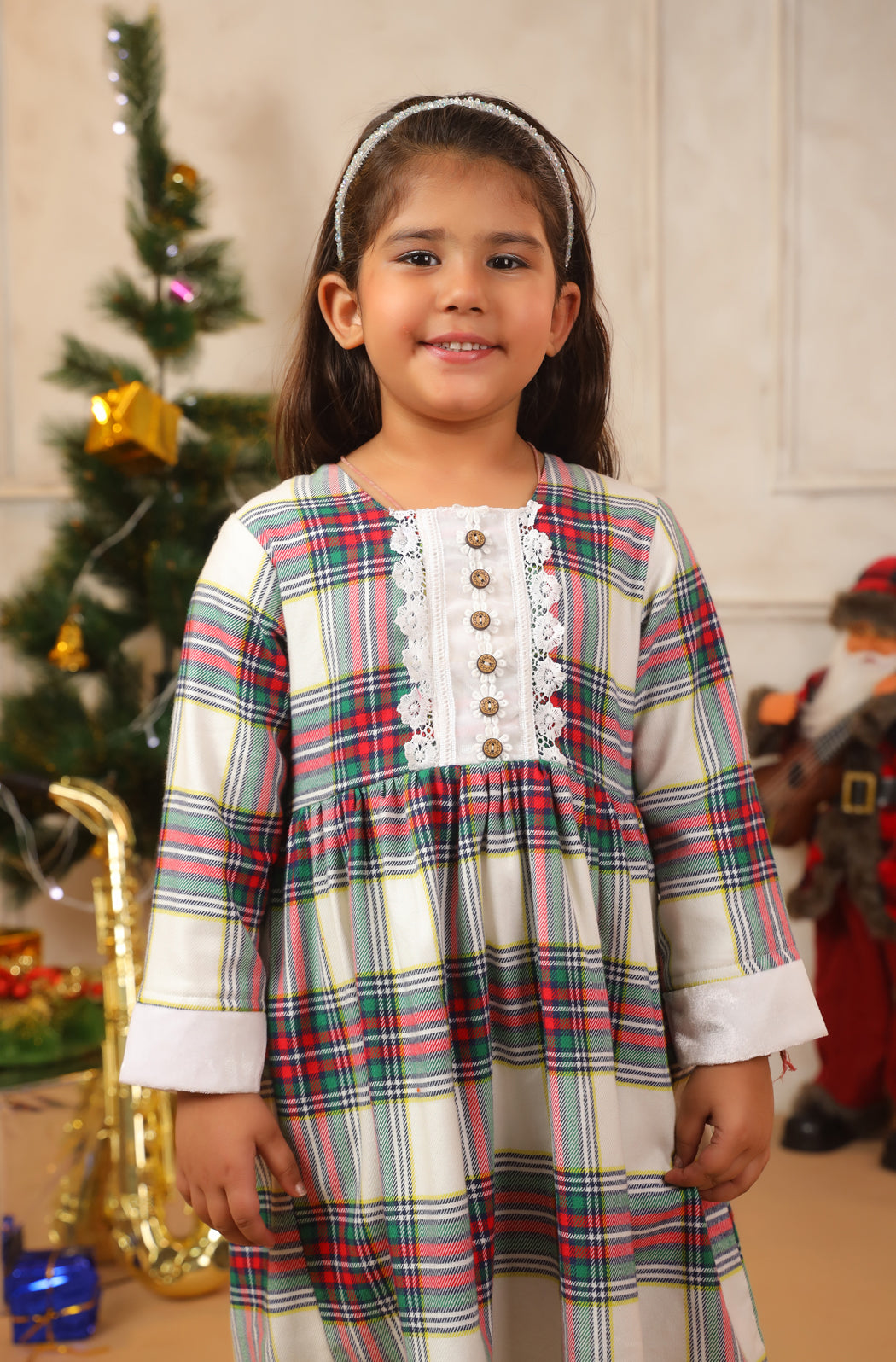 Girl White Red Checks Frock - White