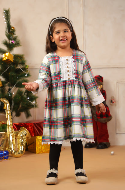 Girl White Red Checks Frock - White