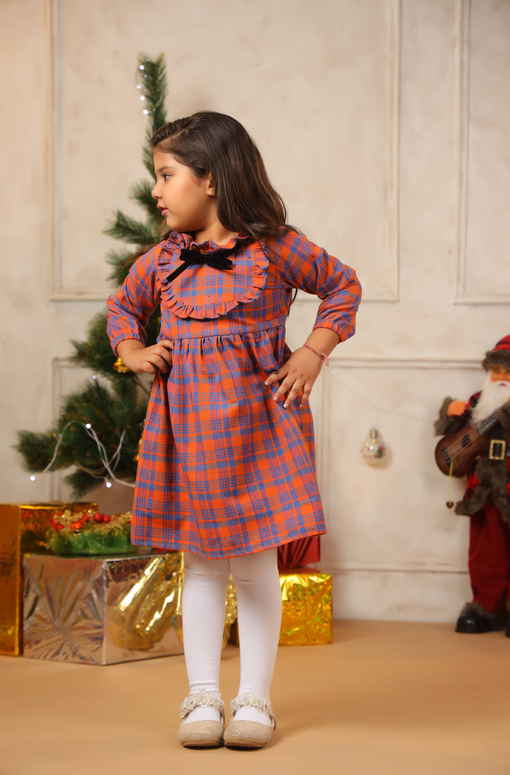 Girl Bright Orange Checks Frock - Orange