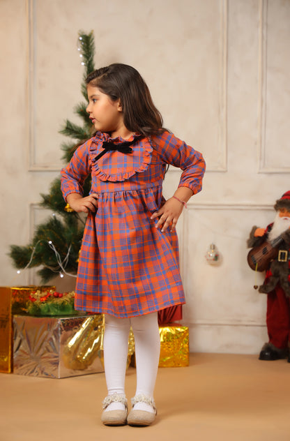 Girl Bright Orange Checks Frock - Orange