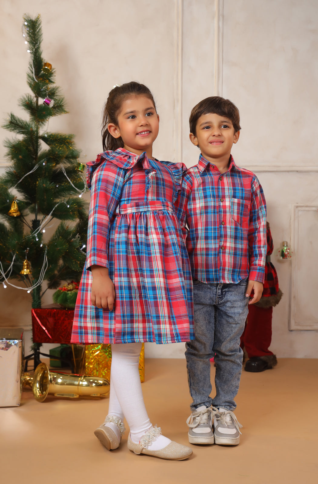 Girl Merry Red Blue Checks Frock - Red