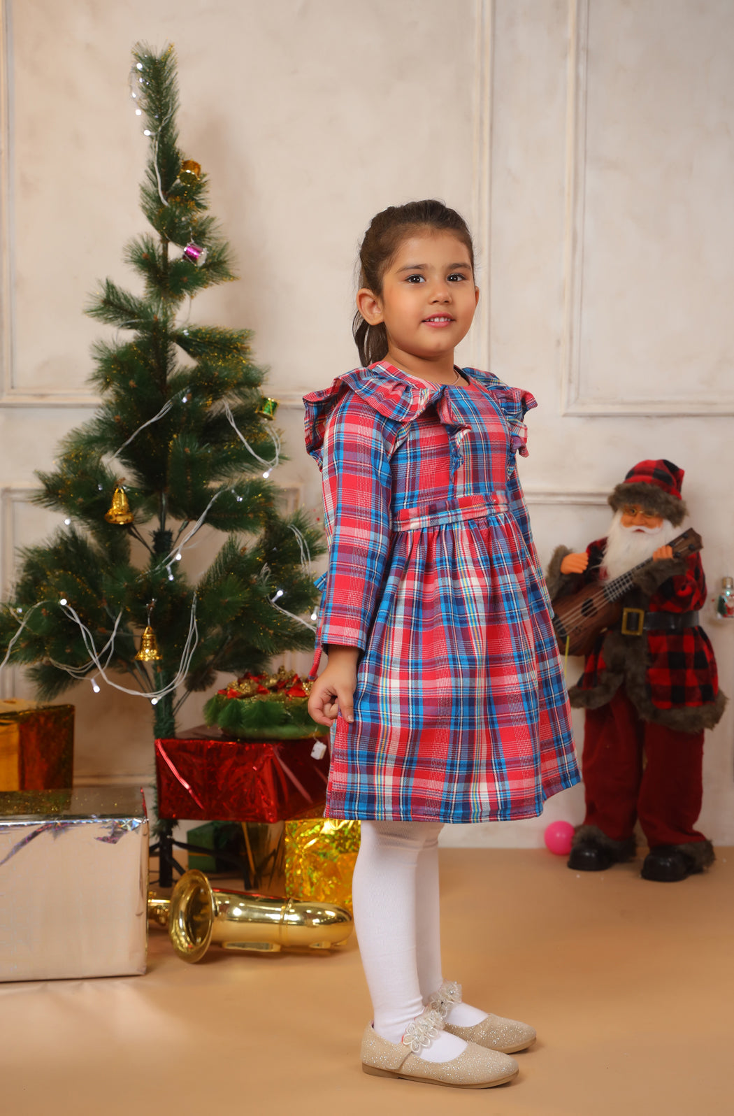 Girl Merry Red Blue Checks Frock - Red