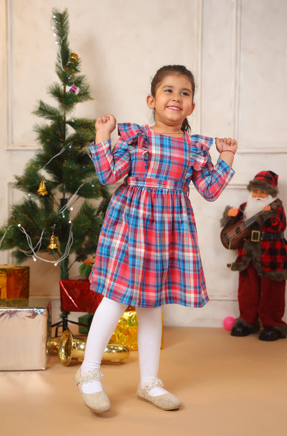 Girl Merry Red Blue Checks Frock - Red