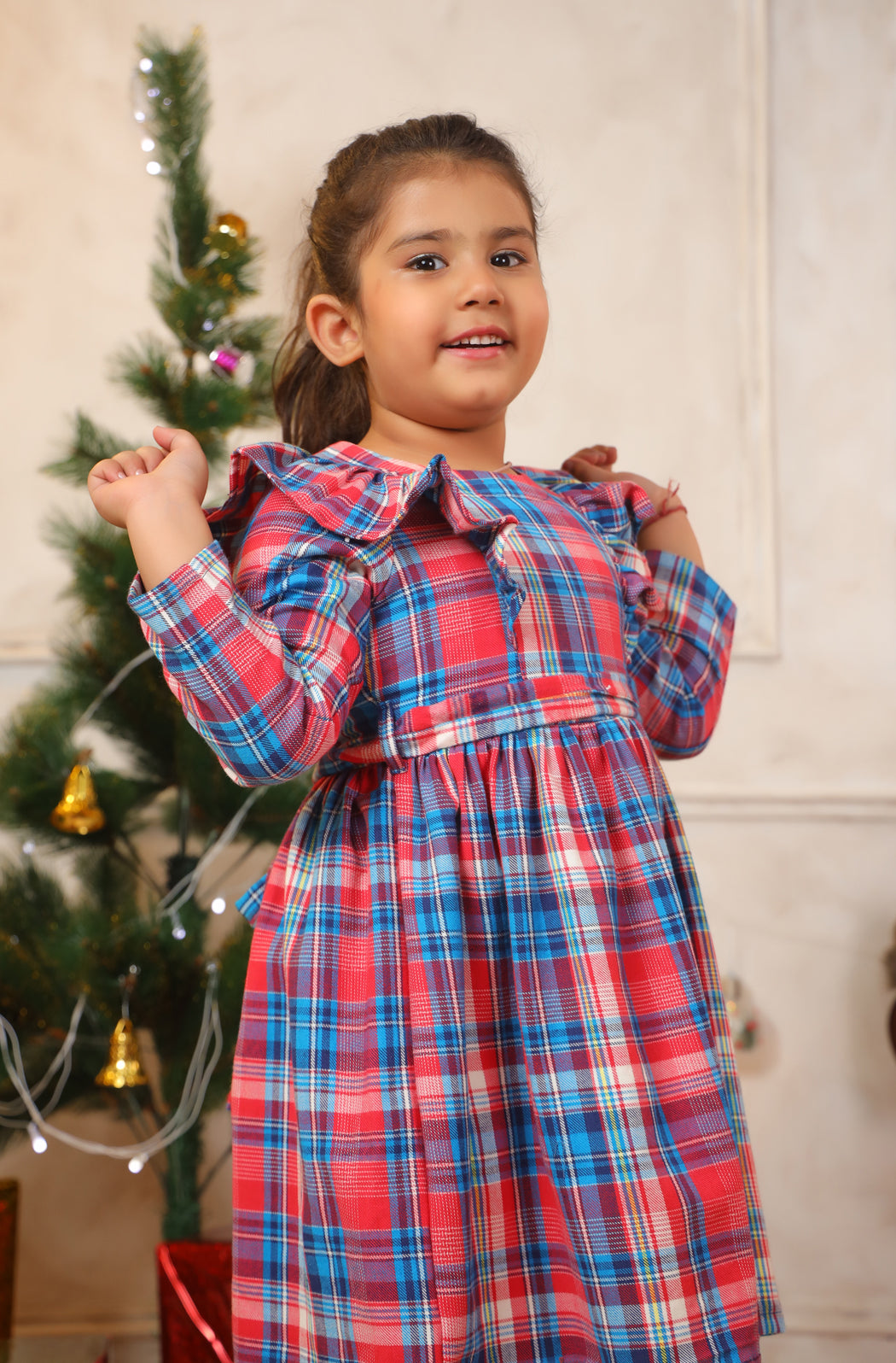 Girl Merry Red Blue Checks Frock - Red