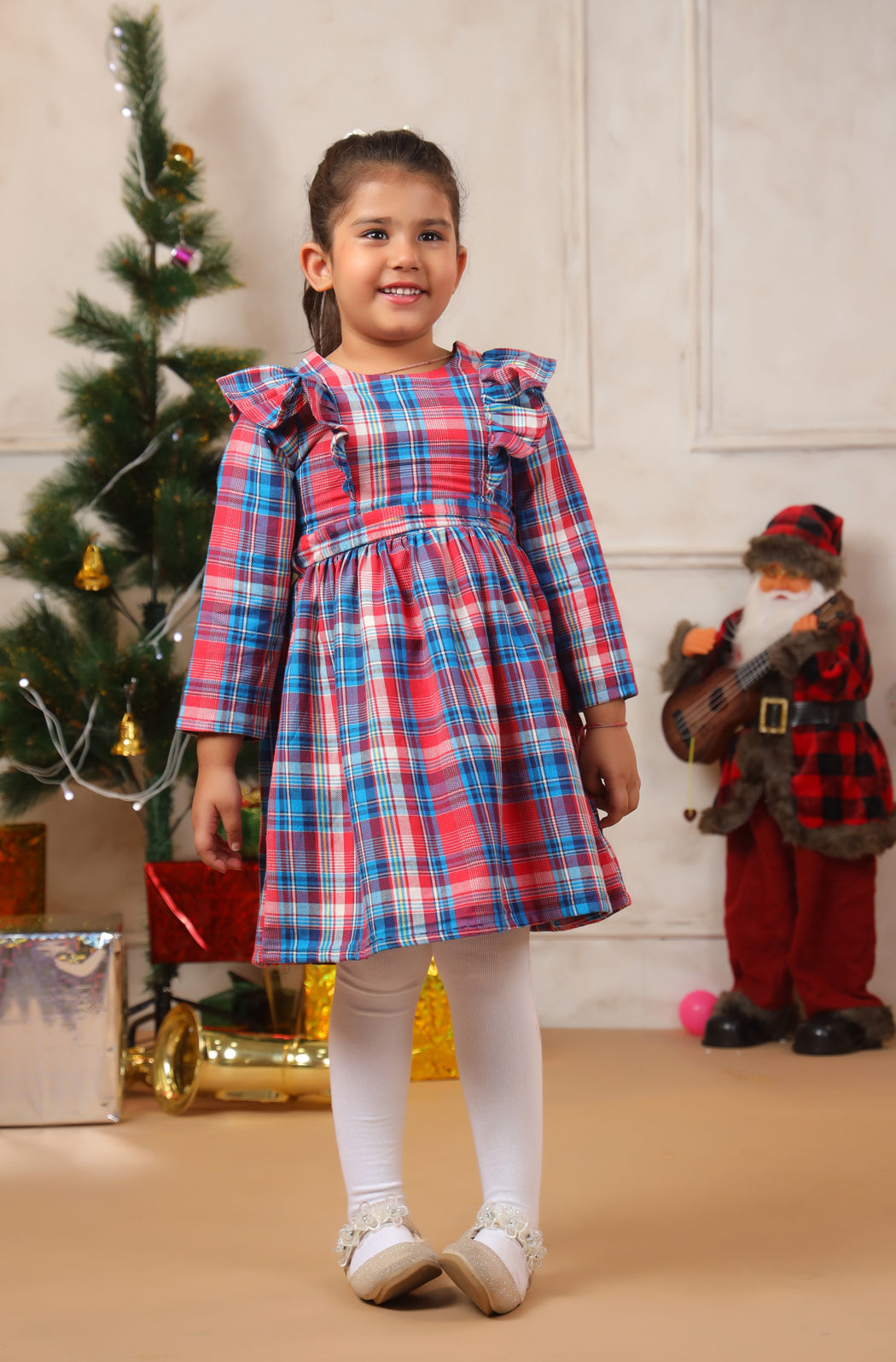 Girl Merry Red Blue Checks Frock - Red