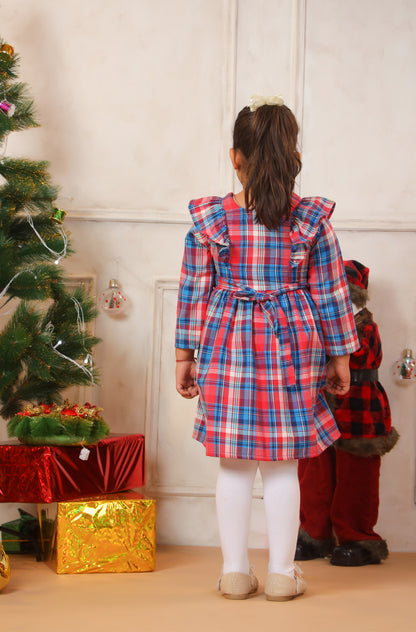 Girl Merry Red Blue Checks Frock - Red