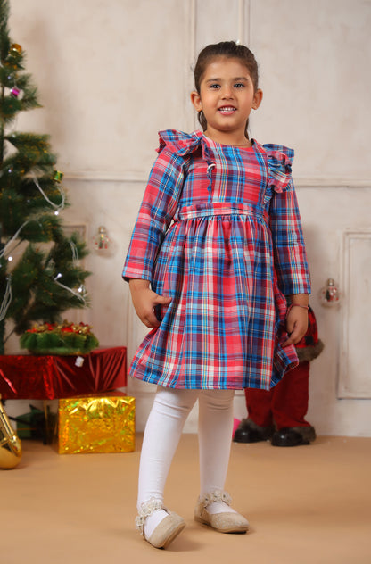 Girl Merry Red Blue Checks Frock - Red