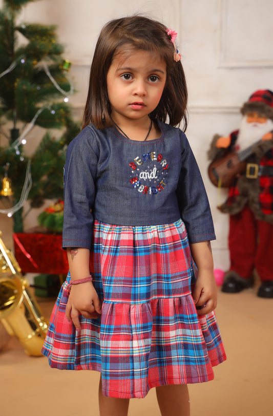 Girl Merry Red Blue Denim Frock - Red Blue