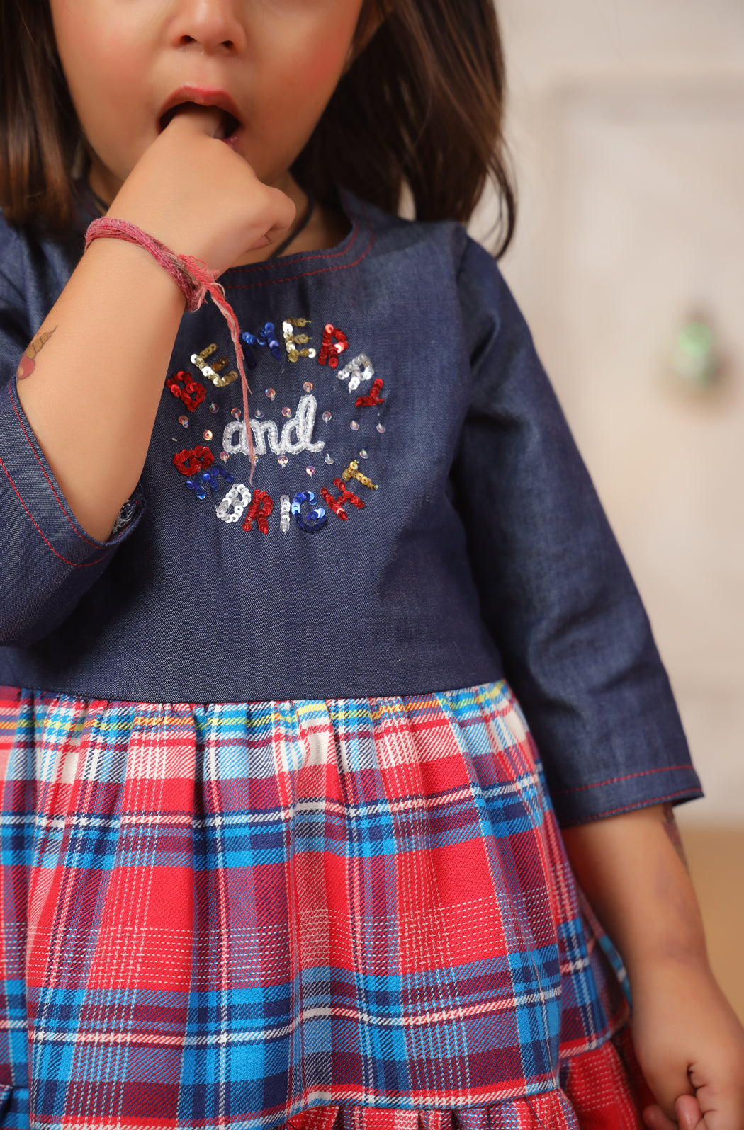 Girl Merry Red Blue Denim Frock - Red Blue