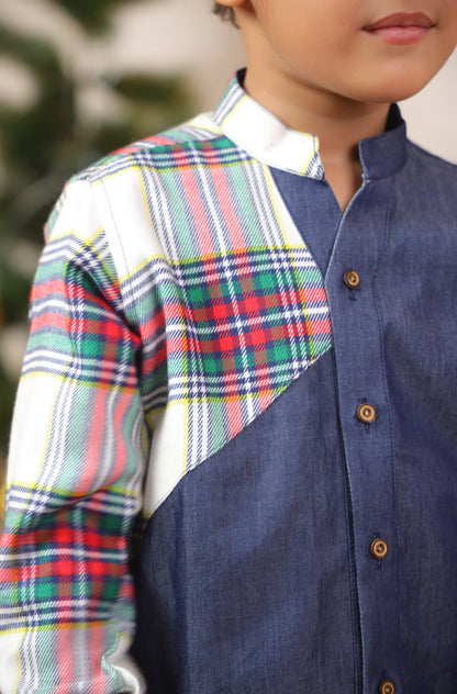 Boy Classic Denim And Checks Shirt - Blue