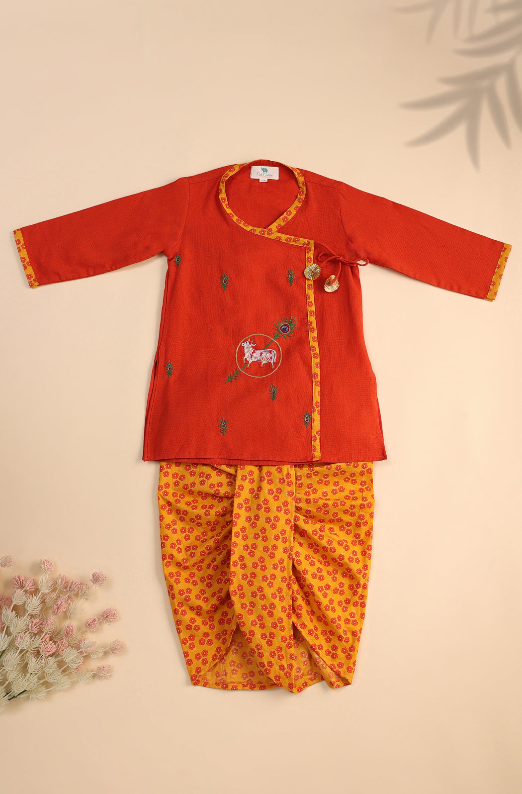 Boy Nandi Cow Dhoti Kurta Set - Orange