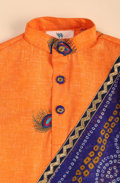 Boy Morpankh Dhoti Kurta Set - Orange