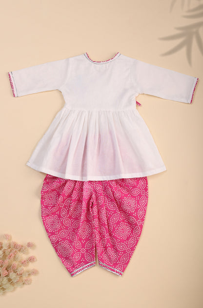 Girls Lotus Kurta Dhoti Set-White