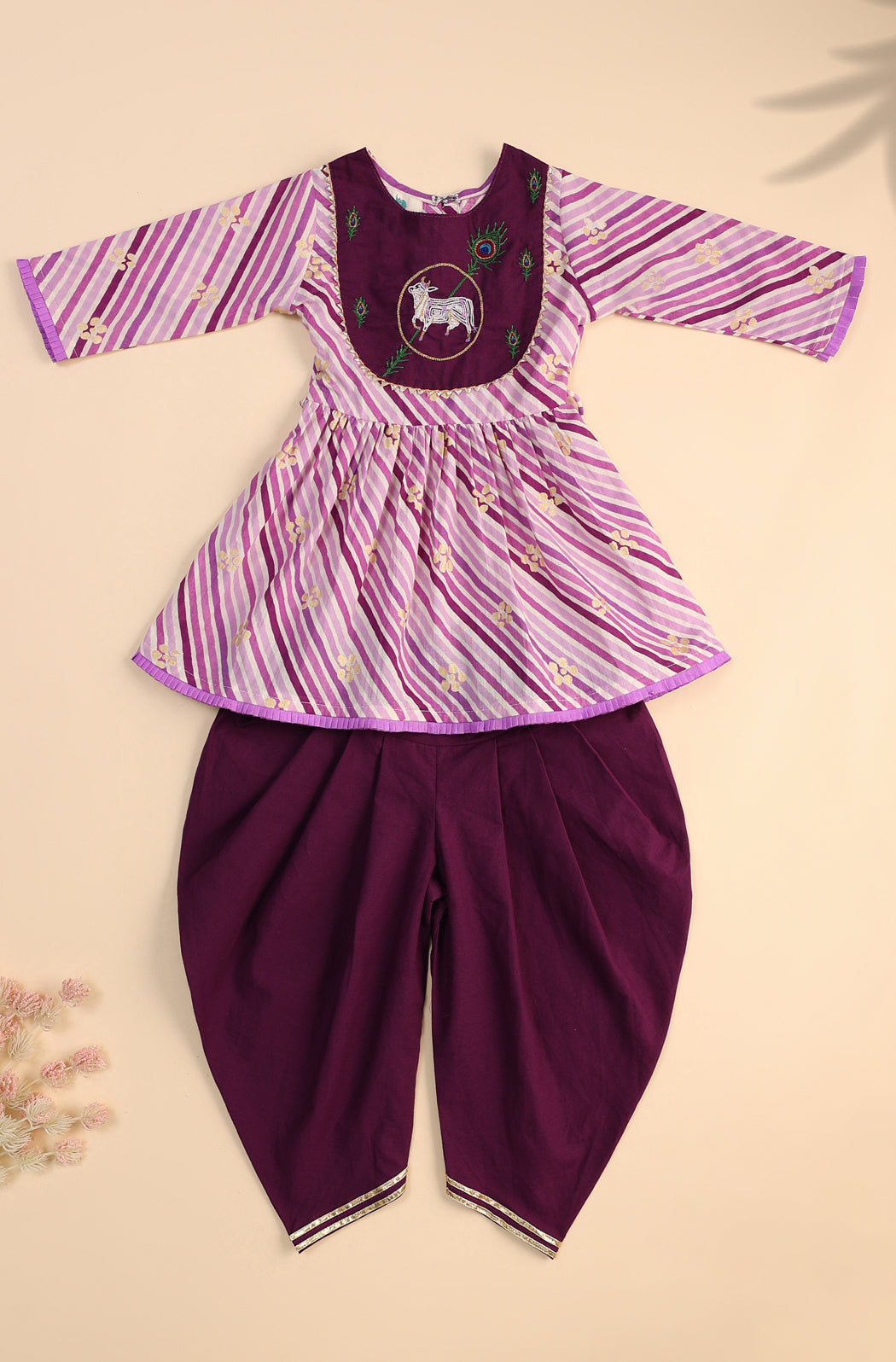 Girls Nandi Cow Kurta Dhoti Set-Purple