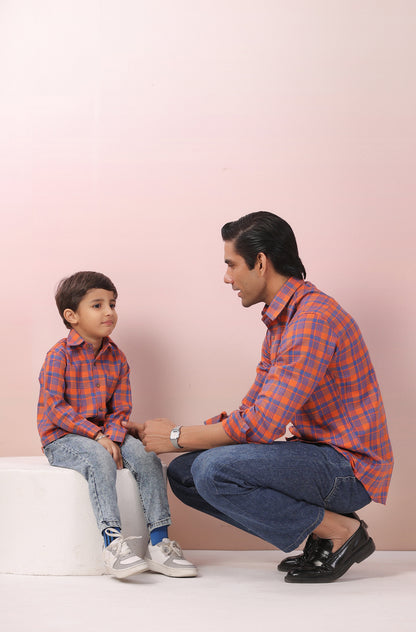 Boy Classic Checks Shirt - Orange & Blue