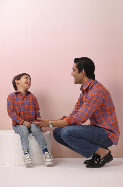 Boy Classic Checks Shirt - Orange & Blue