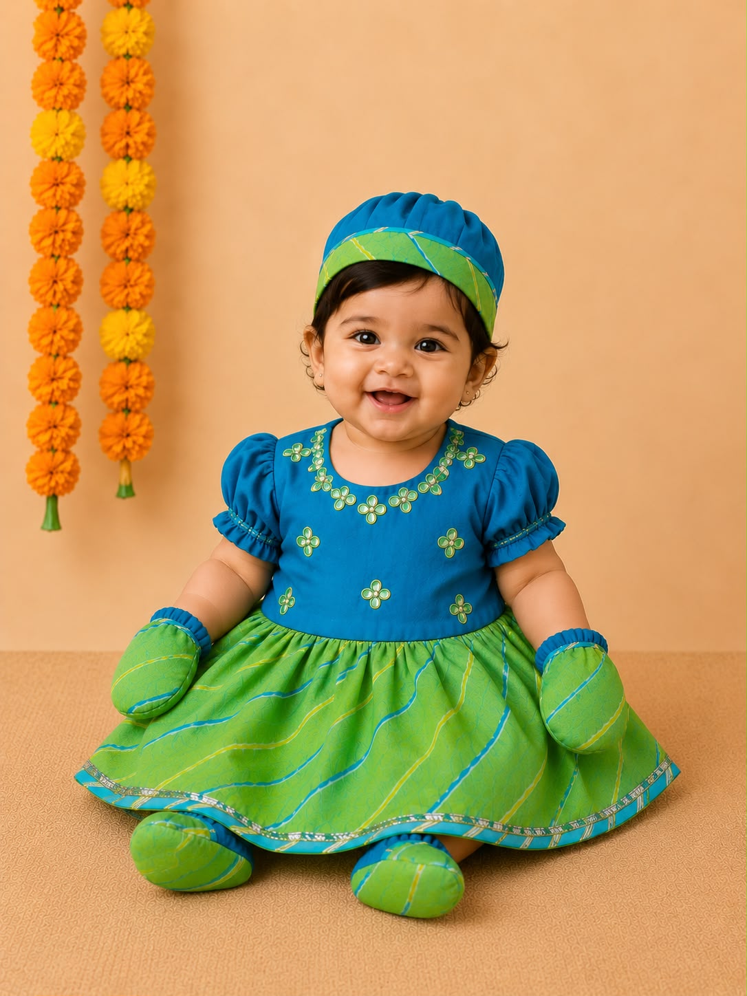 Baby Girl Lehariya Jamna Set - Turquoise Green