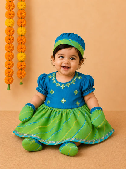 Baby Girl Lehariya Jamna Set - Turquoise Green