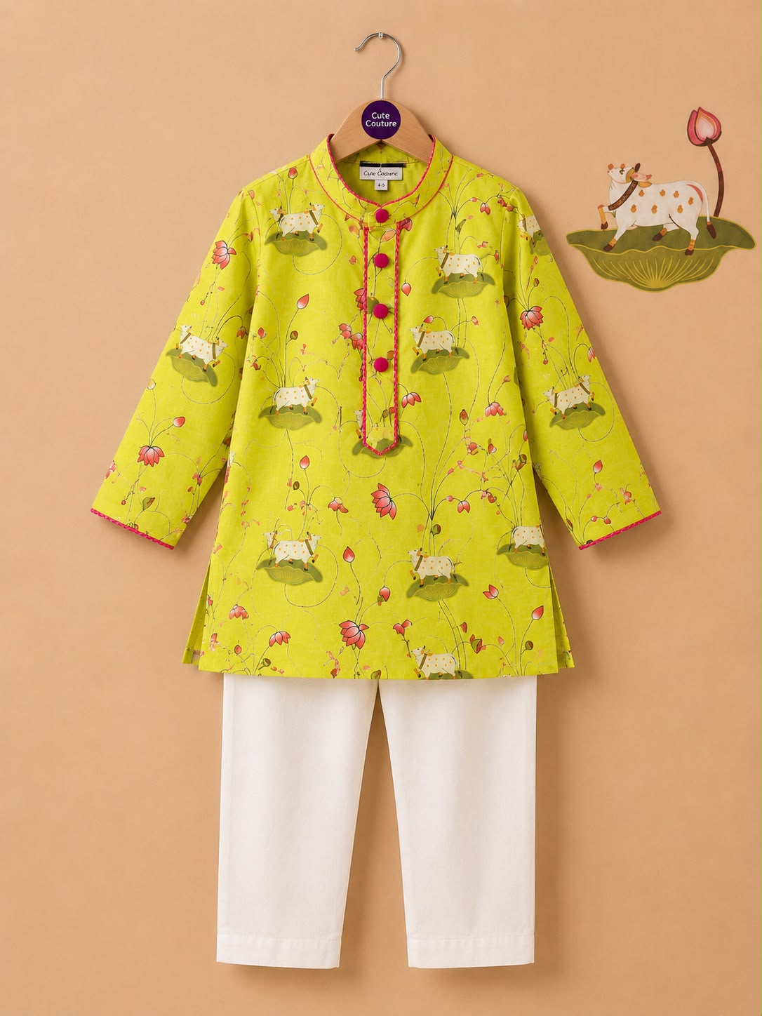 Pichwai Kurta Set - Lemon Yellow