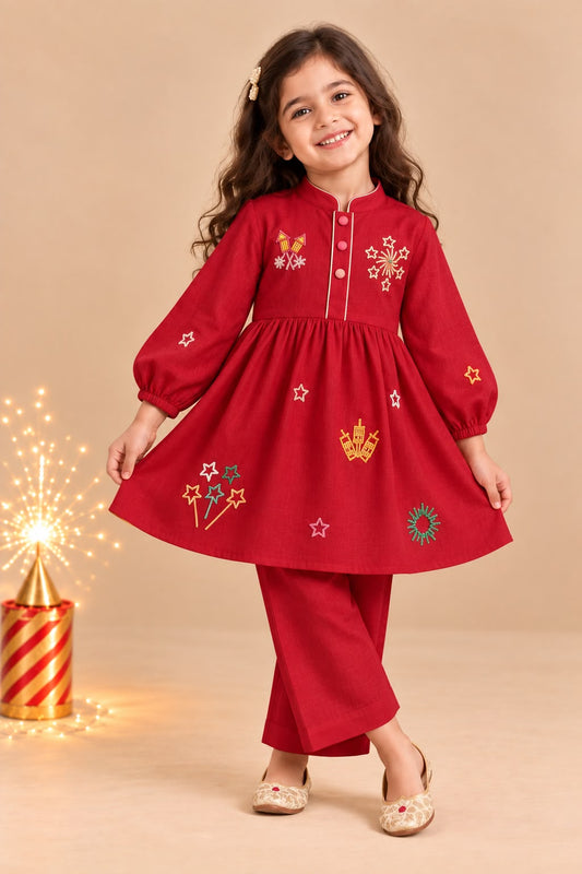 Girl Pataka Kurta Pant Set -Red
