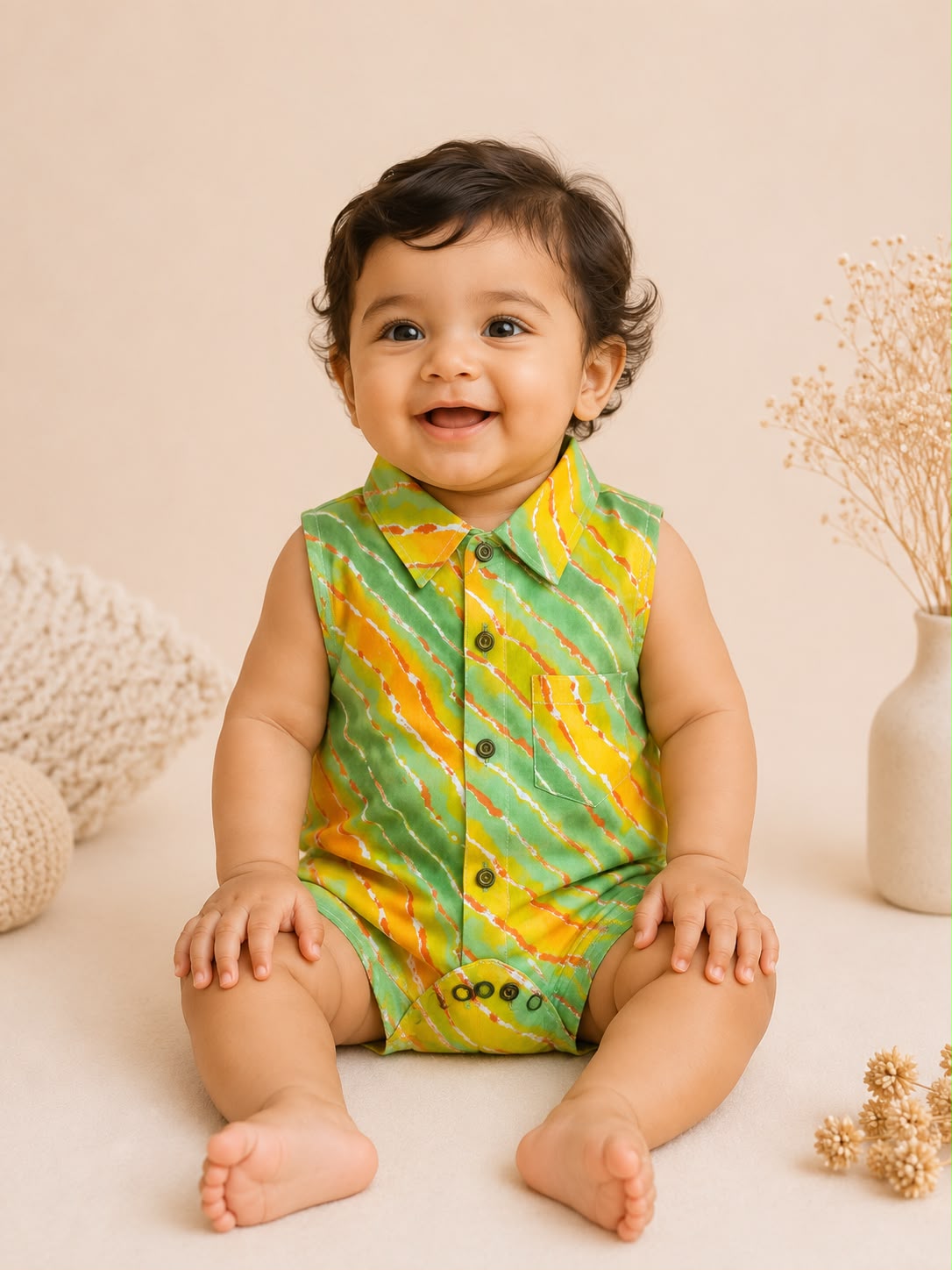 Baby Lehariya Cotton Romper- Green and yellow