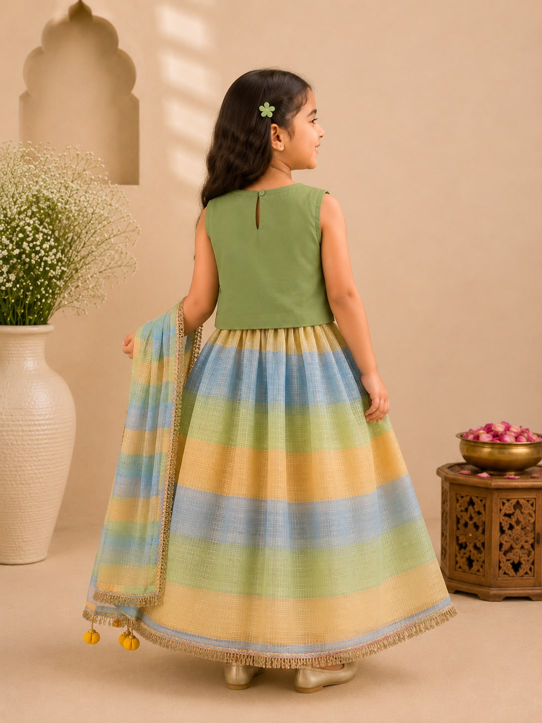 Girl Gulbahar Embroidered Skirt Top Set - Green