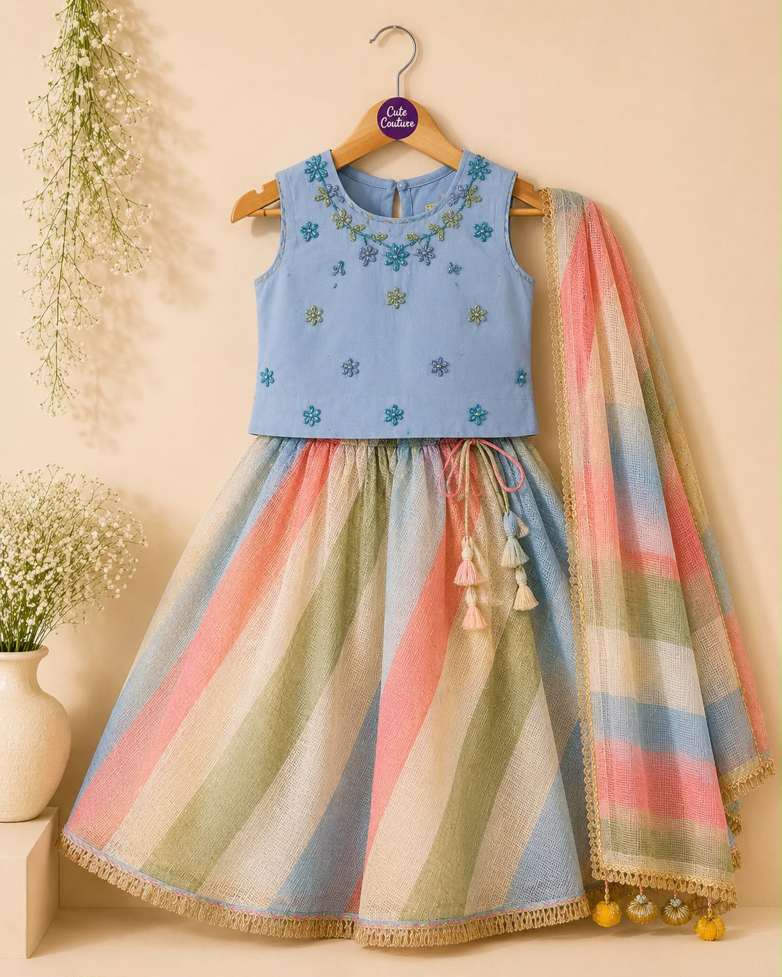Girl Gulbahar Embroidered Skirt Top Set - Blue