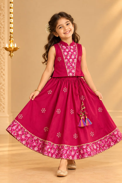 Girl Sitaara Skirt Top Set - Magenta