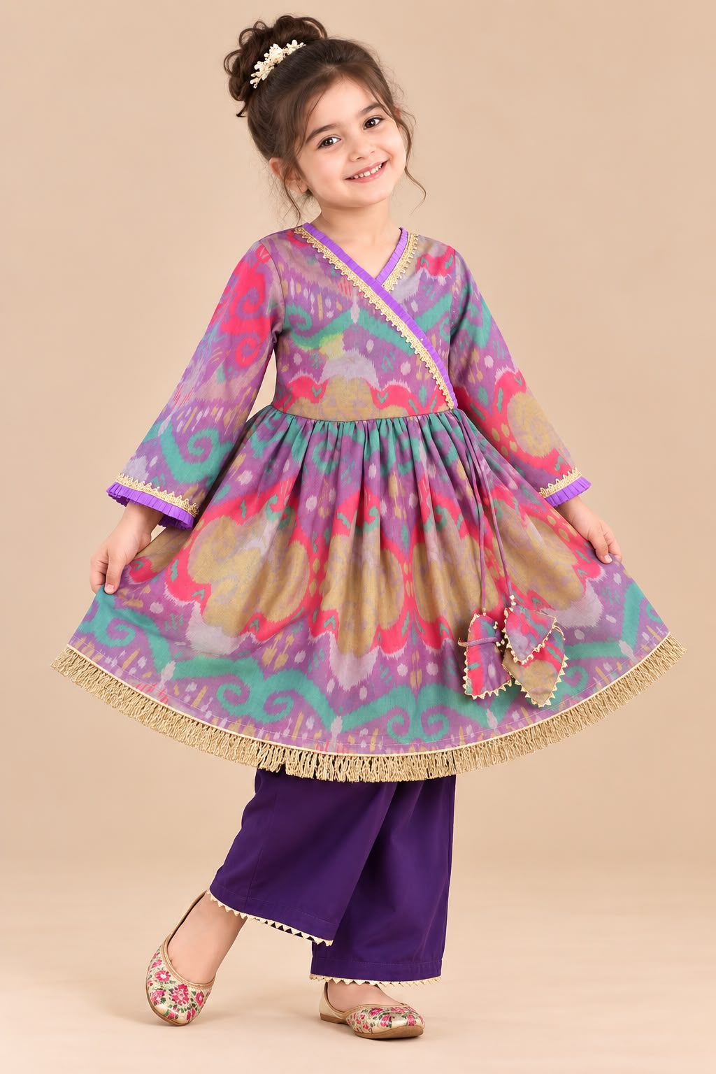 Girl Mithaas Angarkha Kurta Pant Set -Purple
