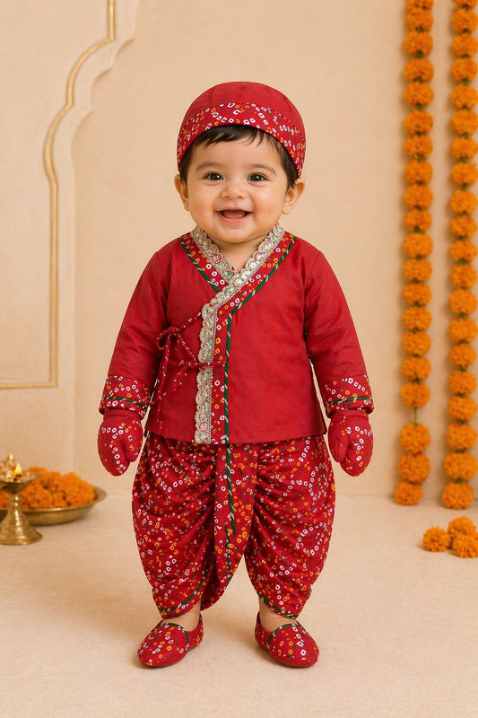 Baby Red Rai Bhandej Jamna Set -Red