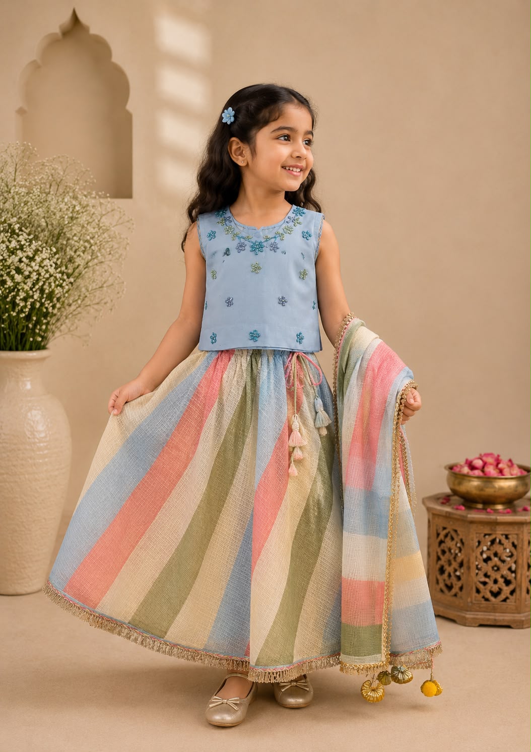Girl Gulbahar Embroidered Skirt Top Set - Blue