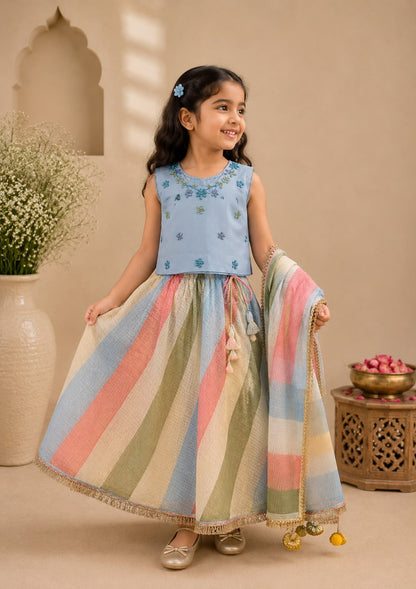 Girl Gulbahar Embroidered Skirt Top Set - Blue