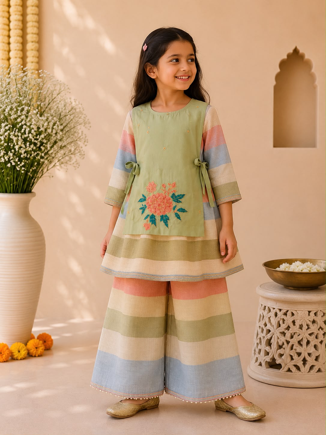 Girl Gulbahar Kurta Pallazo Set - Green