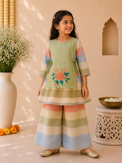 Girl Gulbahar Kurta Pallazo Set - Green