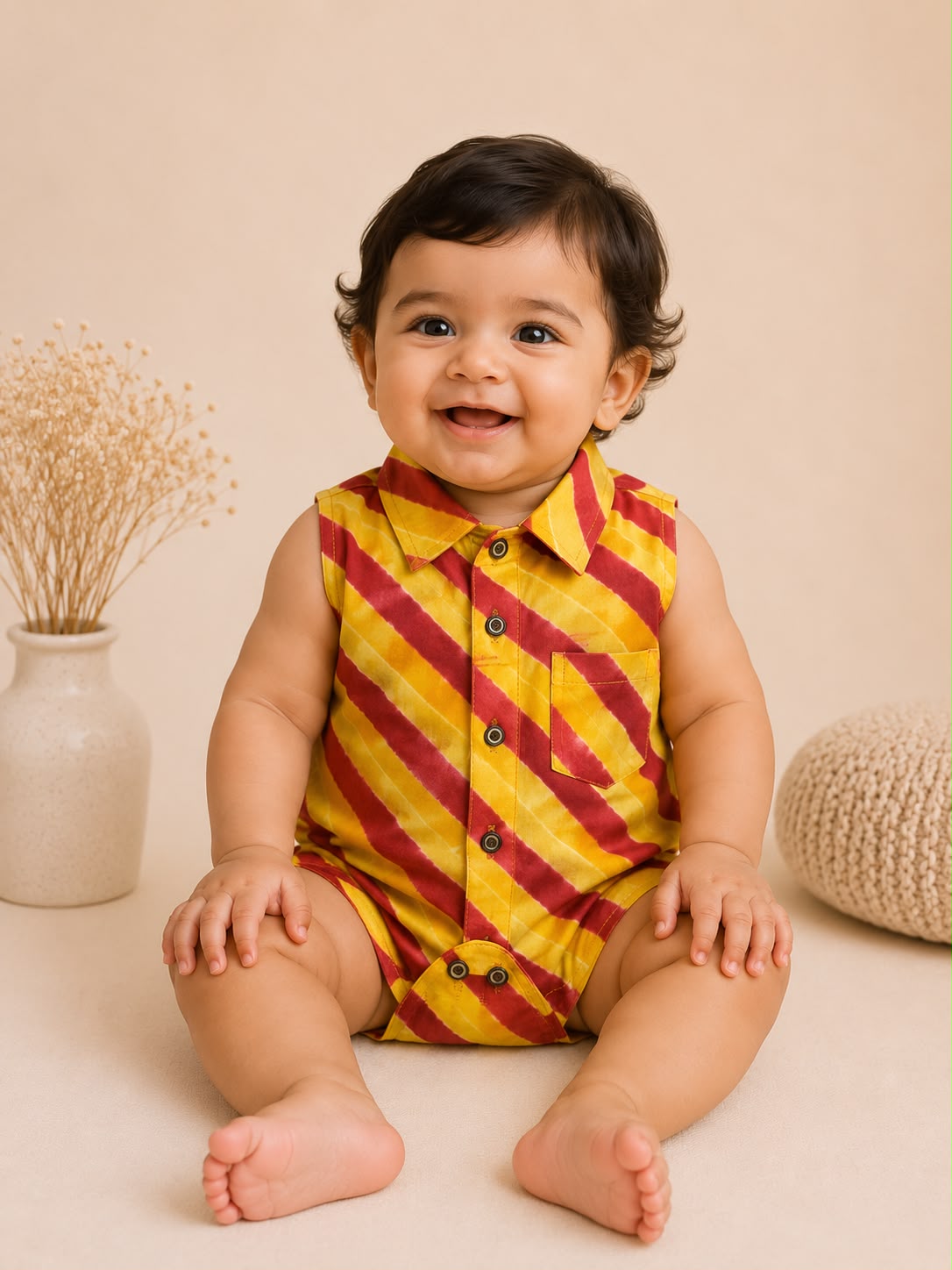 Baby Lehariya Cotton Romper- Red and yellow