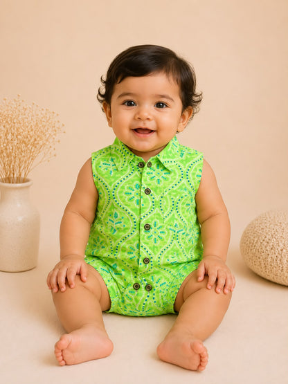 Baby Bandhani Cotton Romper - Green