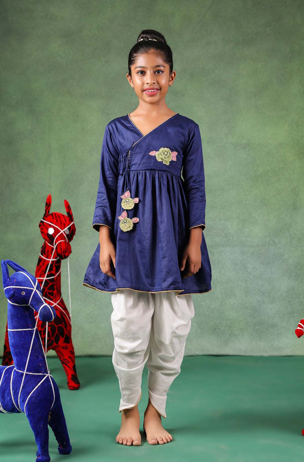 Girl Angarkha Kurta Set- Navy Blue