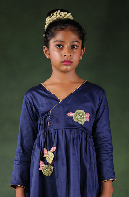 Girl Angarkha Kurta Set- Navy Blue