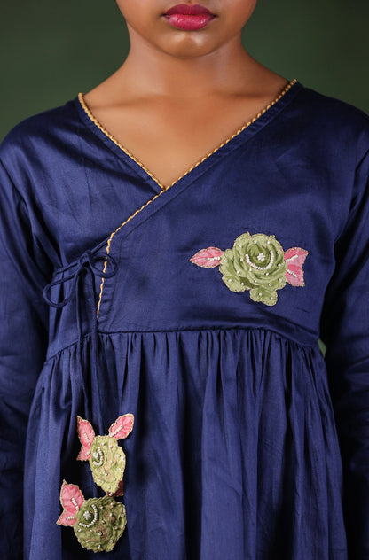 Girl Angarkha Kurta Set- Navy Blue